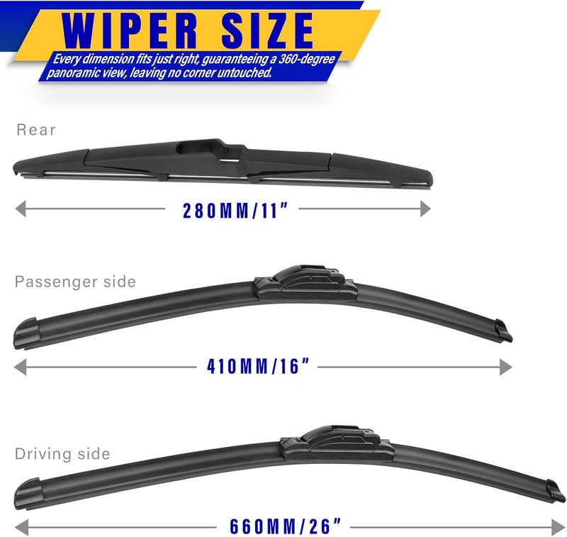 Rooppa 3 wipers Replacement for 2017-2022 KIA Sportage/2019-2021 2022 2023 Hyundai Santa Fe, Windshield Wiper Blades Original Equipment Replacement - 26"/16"/11" (Set of 3) U/J HOOK - Image 2